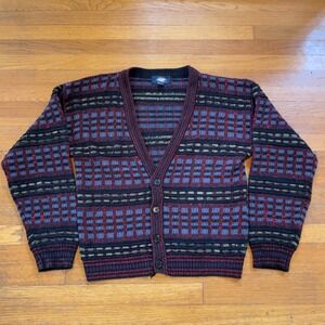 VTG 80s 90s Knights Bridge 3d‎ Knit V Neck Cardigan Sweater Striped Pattern L